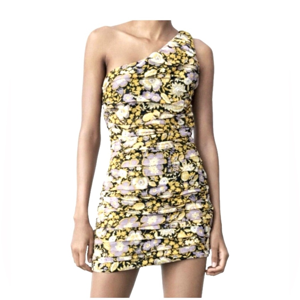 Zara Yellow Purple Floral One-Shoulder Ruched Bodycon Dress w Metallic lines L